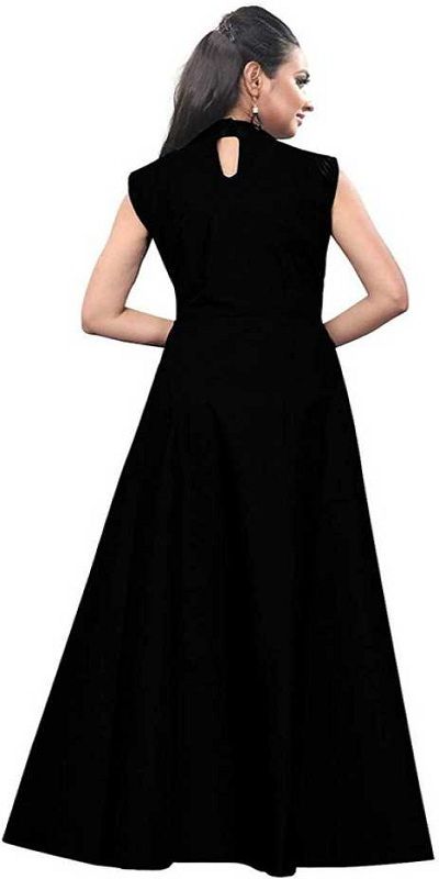 Solid Satin Blend Stitched Anarkali Gown  (Black)